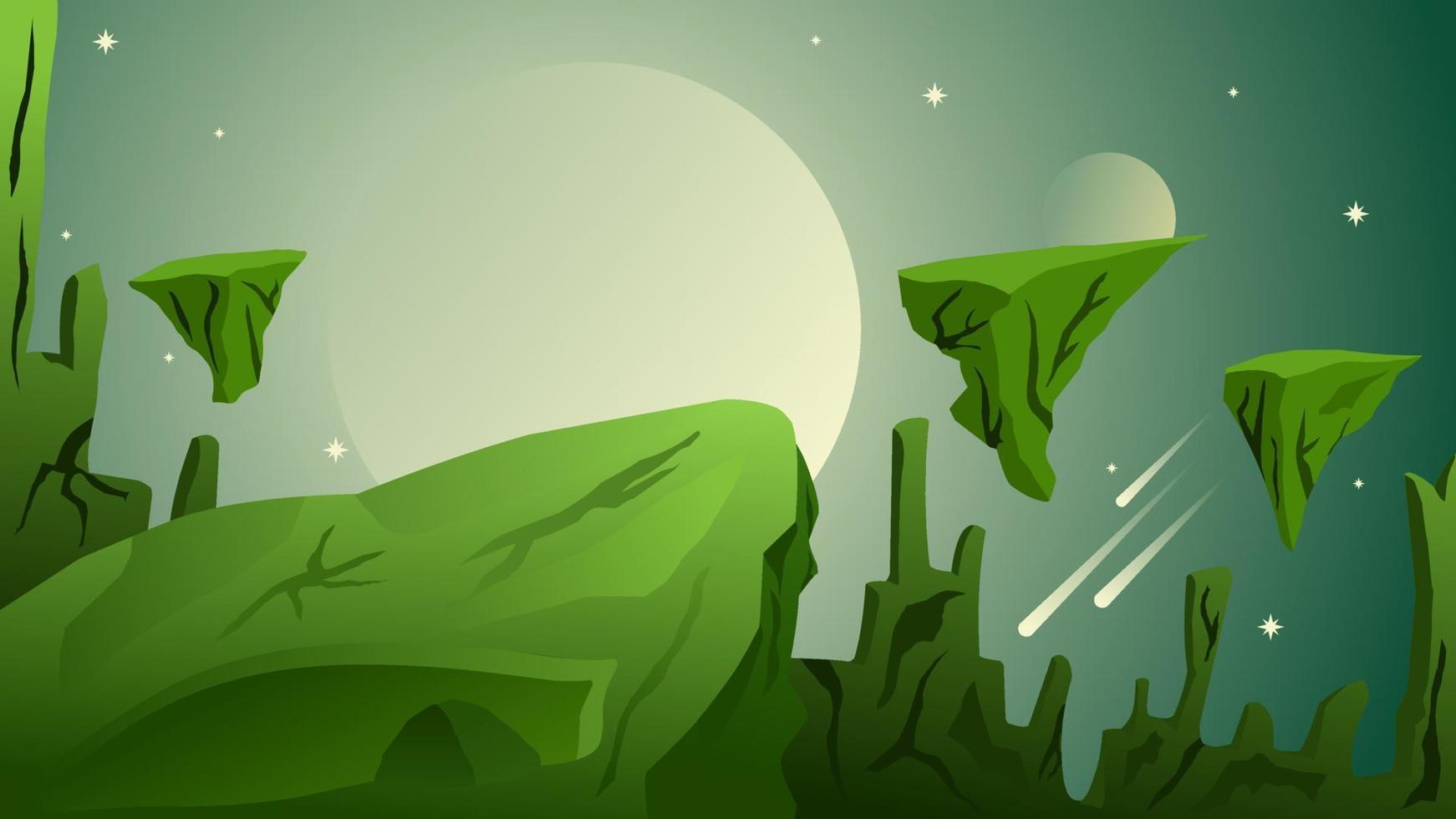 Science fiction landscape vector illustration. Floating island landscape background. Green planet floating island. Science fiction vector for background, wallpaper, display or illustration