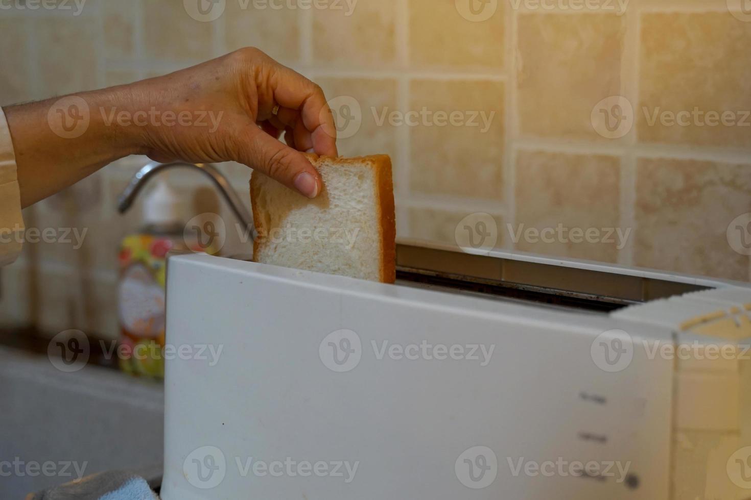 The housekeeper puts bread into the toaster to prepare breakfast for everyone in the house. Soft and selective focus. photo