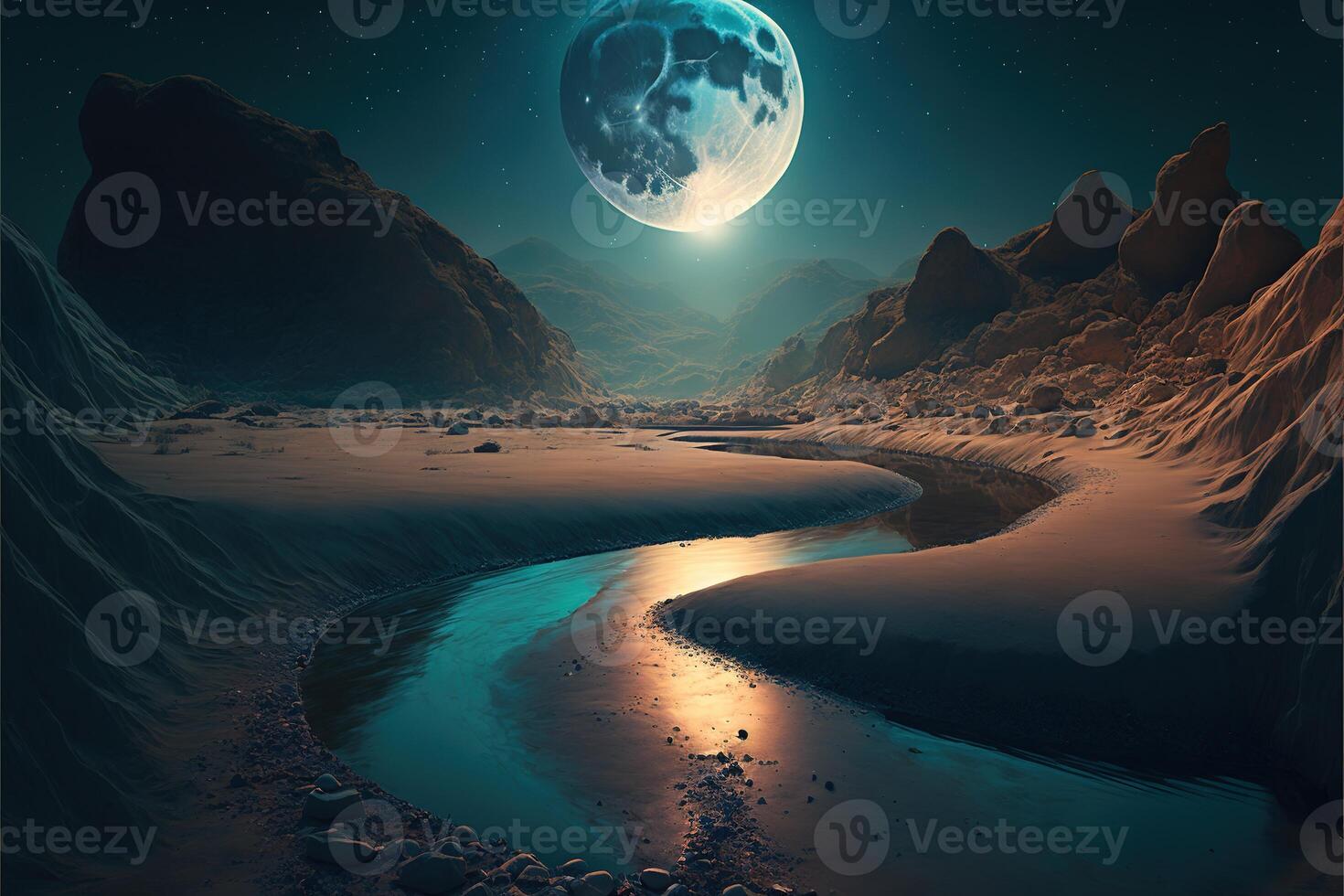 el río con el Luna. extraño paisaje conceptual visual Arte natural fantasía Arte por ai generado foto