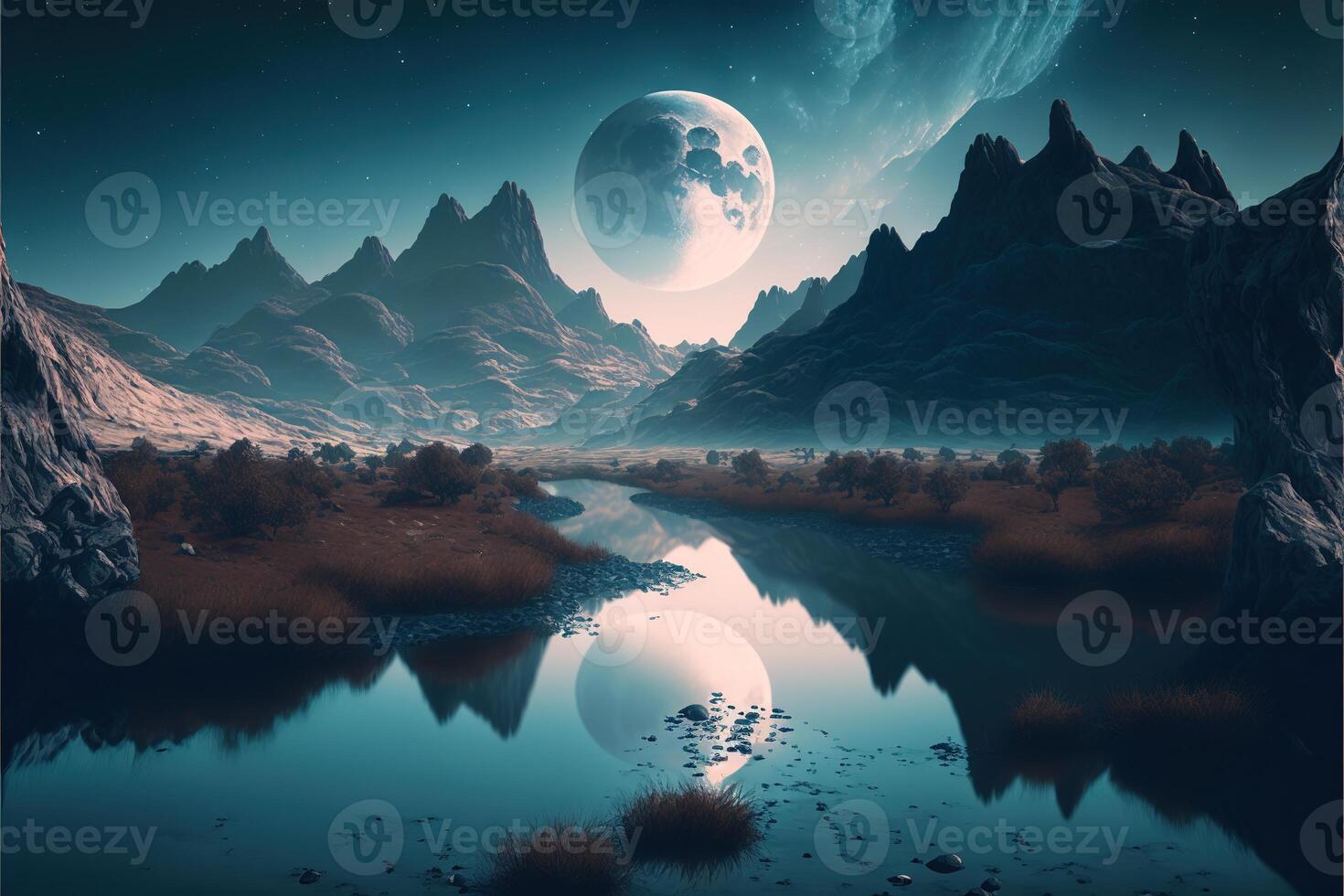 the river with the moon. bizarre landscape conceptual visual art natural fantasy art by photo