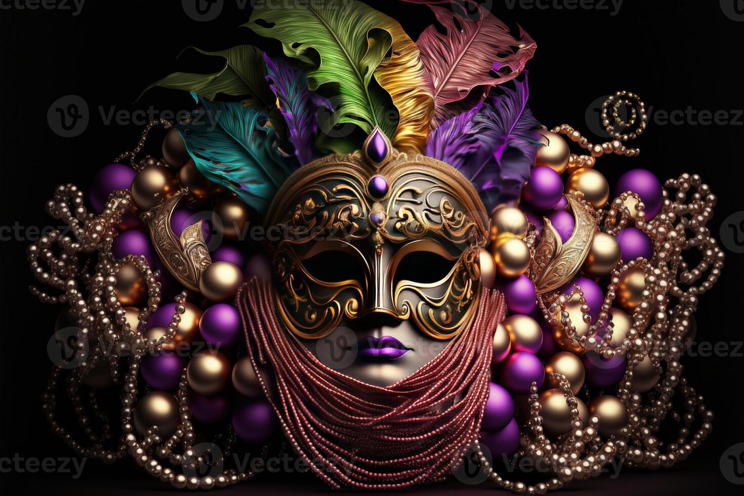 Venetian carnival mask and beads decoration background by photo