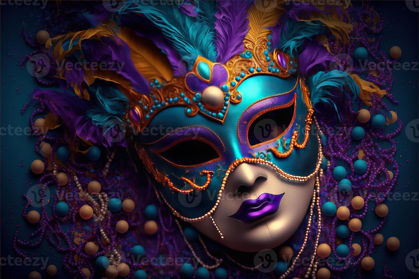 Venetian carnival mask and beads decoration background by photo