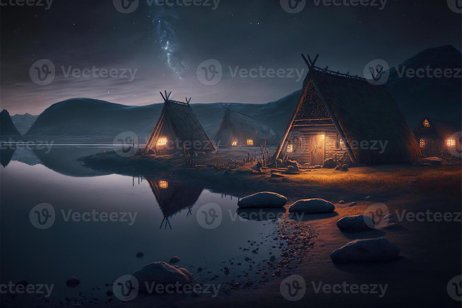 viking houses in a viking landscape by photo