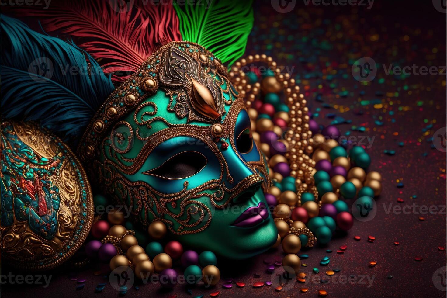 Venetian carnival mask and beads decoration background by photo