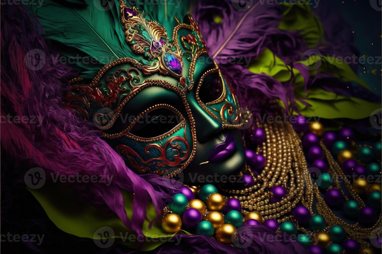 Venetian carnival mask and beads decoration background by photo