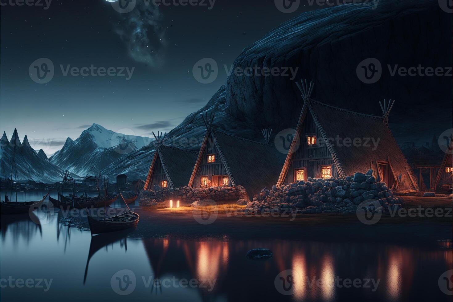 viking houses in a viking landscape by photo