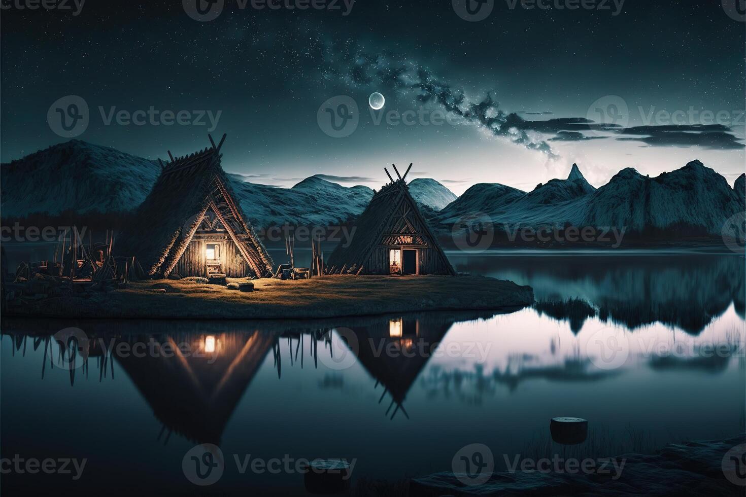 vikingo casas en un vikingo paisaje por ai generado foto