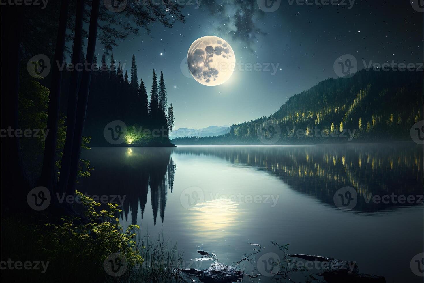 moon light at lake shining moon at night woods stars shining by photo