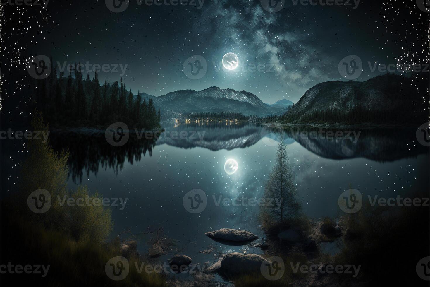 moon light at lake shining moon at night woods stars shining by photo