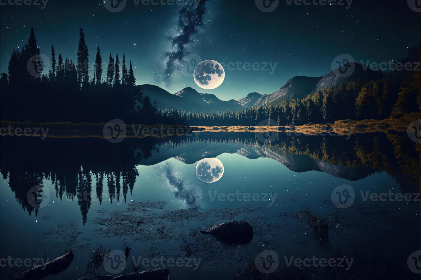 Luna ligero a lago brillante Luna a noche bosque estrellas brillante por ai generado foto