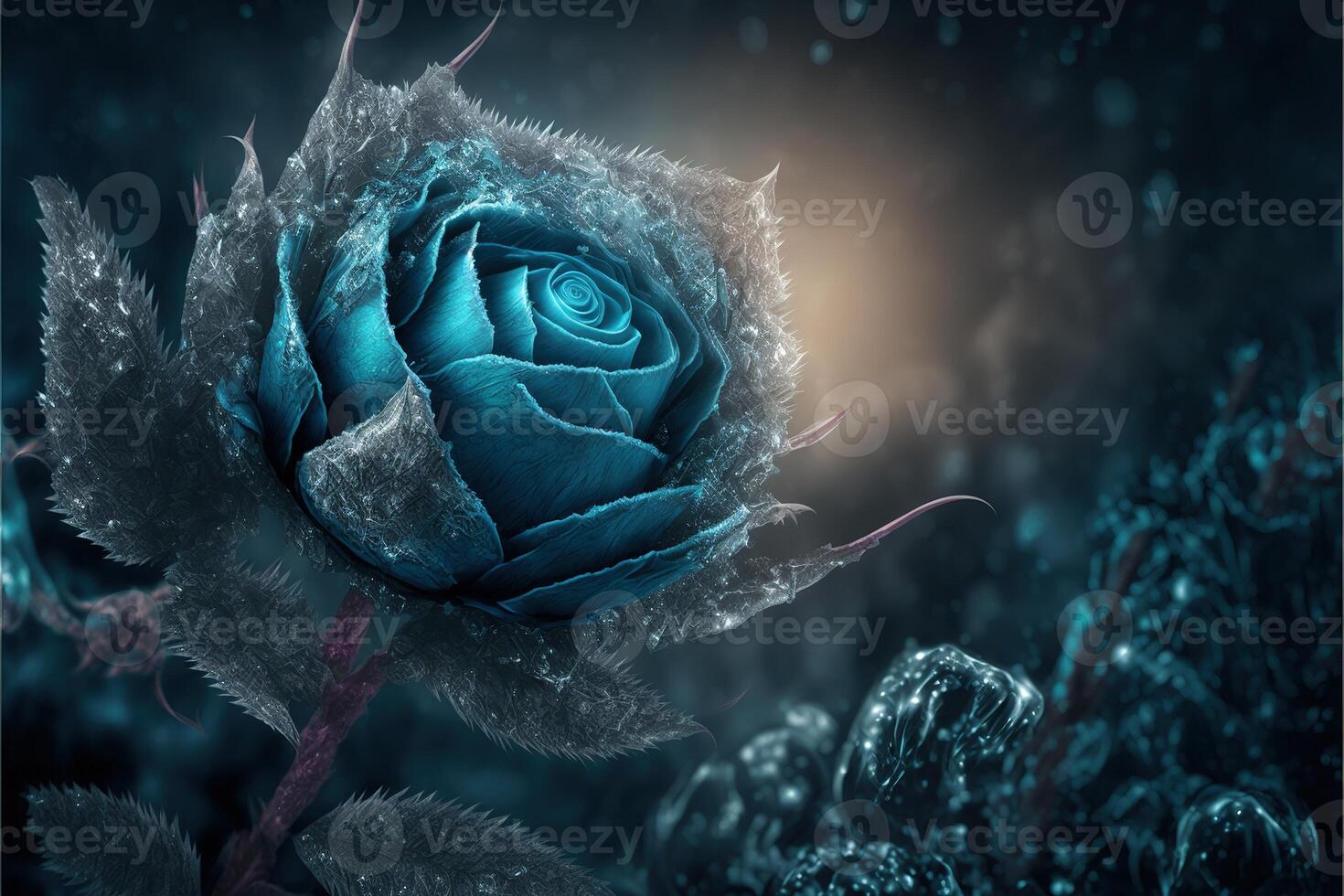 One frozen blue rose with ice crystals by photo