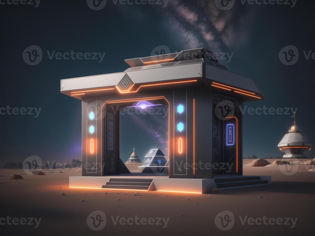 pentagonal indigenous temple kiosk with silver neon beams in outer space by photo