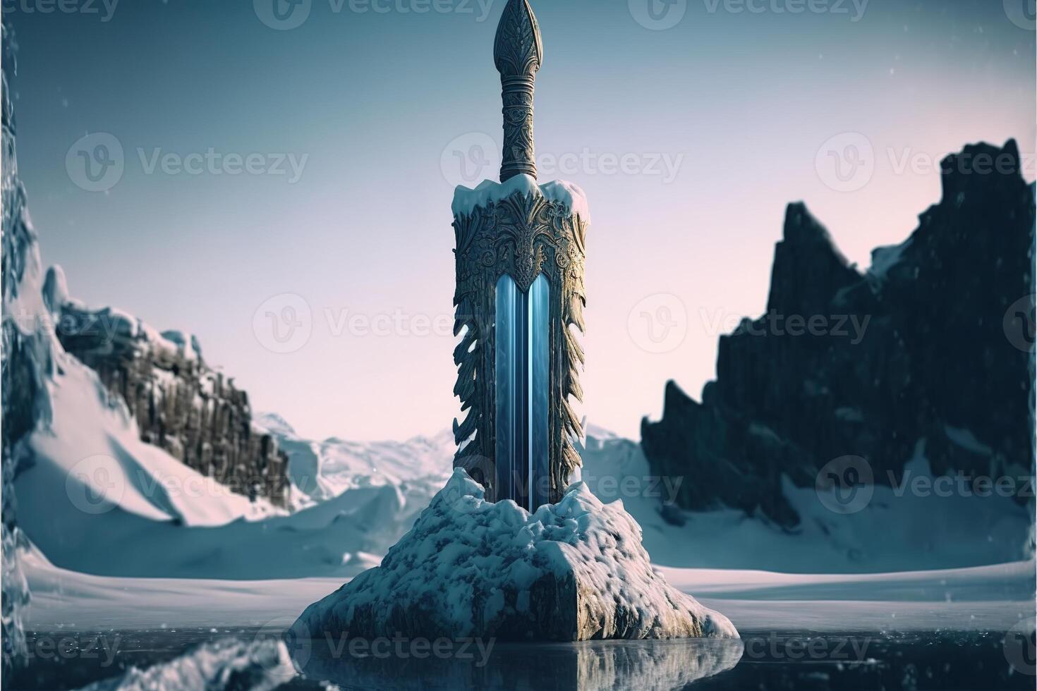 Powerful frozen sword stuck in stone at winter landscape by photo