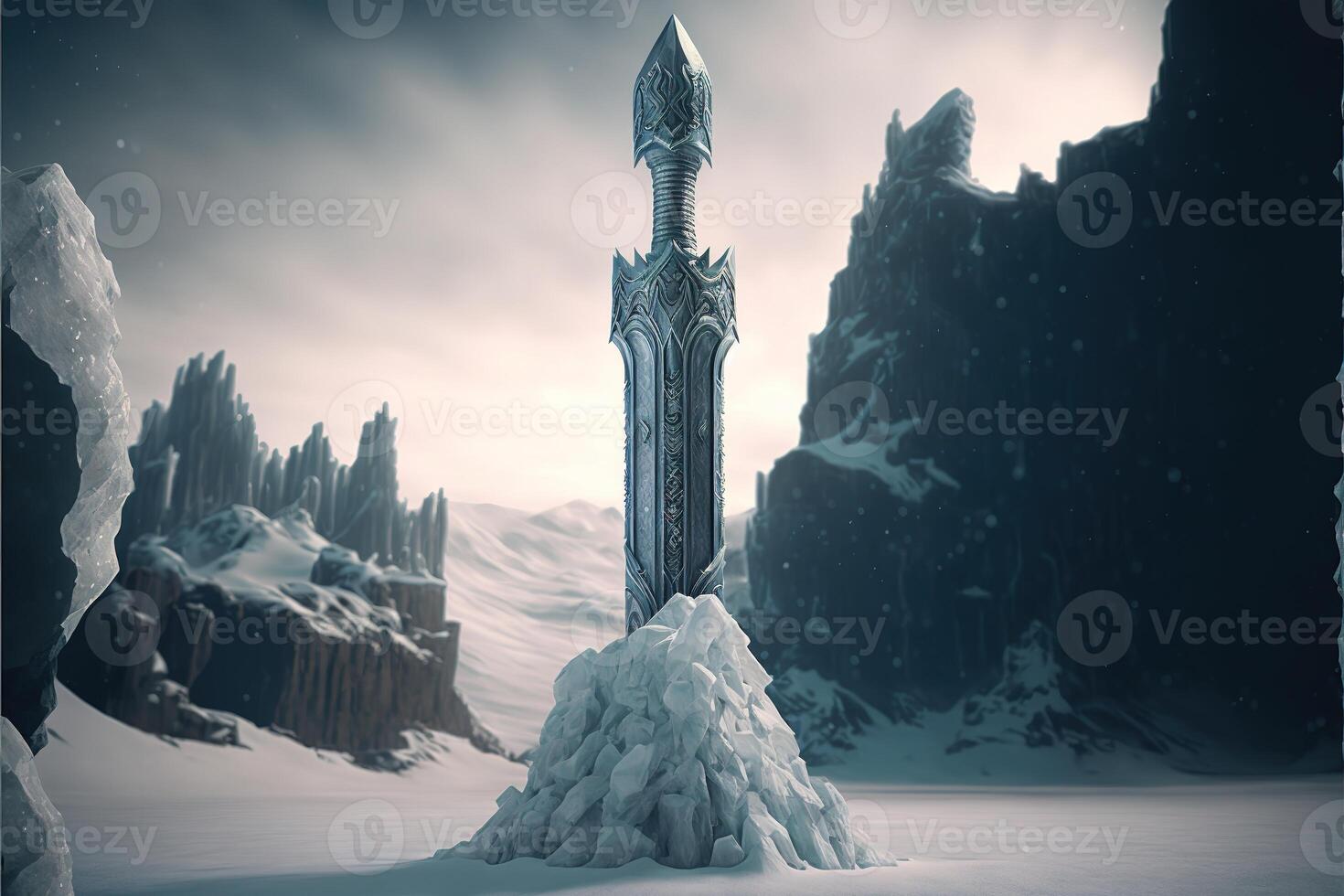 Powerful frozen sword stuck in stone at winter landscape by photo