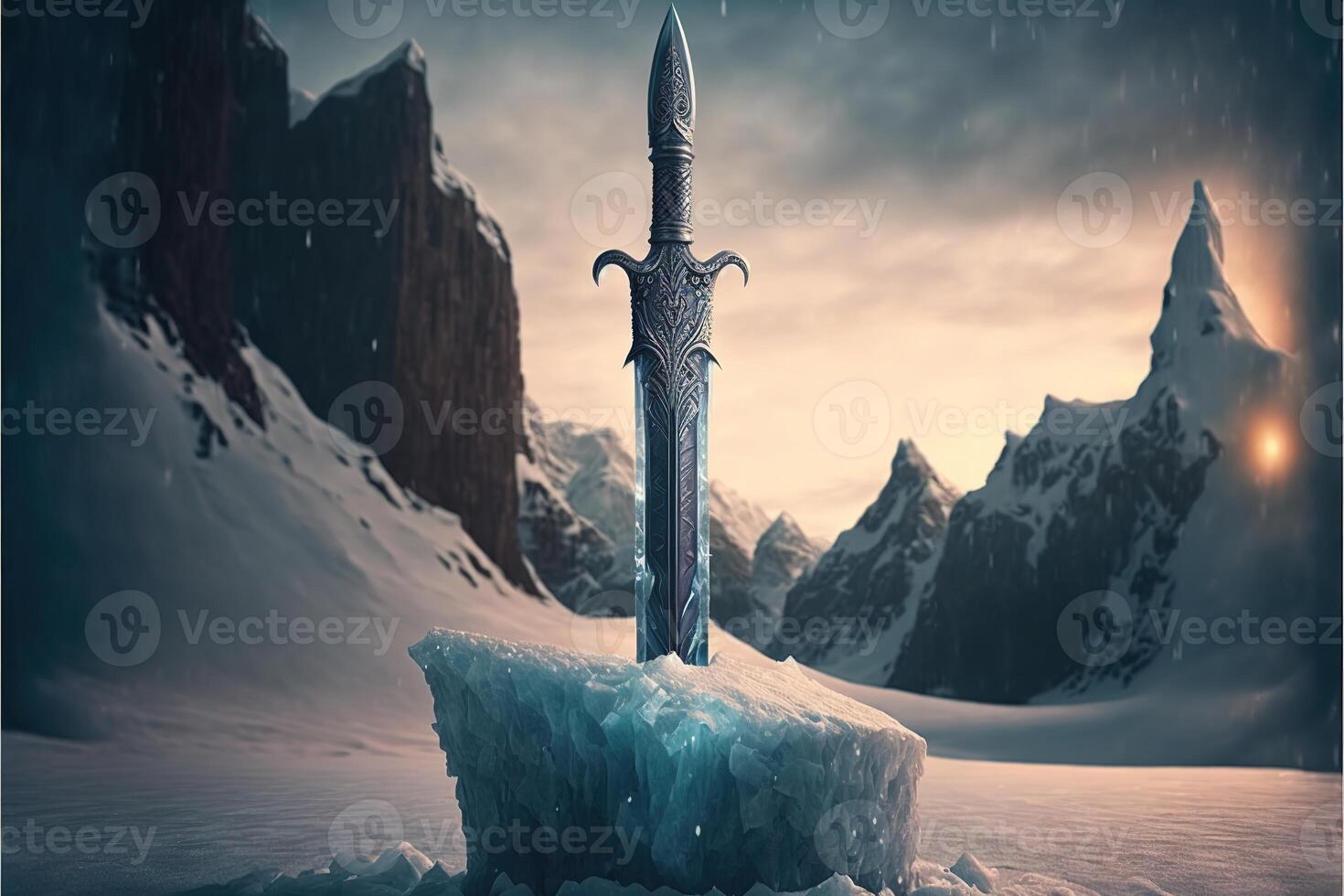 Powerful frozen sword stuck in stone at winter landscape by photo