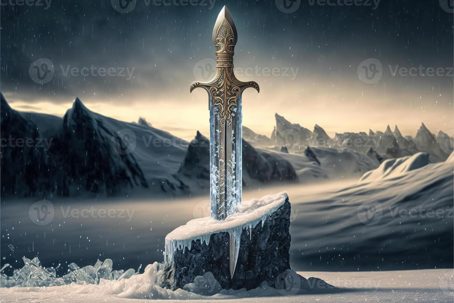 Powerful frozen sword stuck in stone at winter landscape by photo