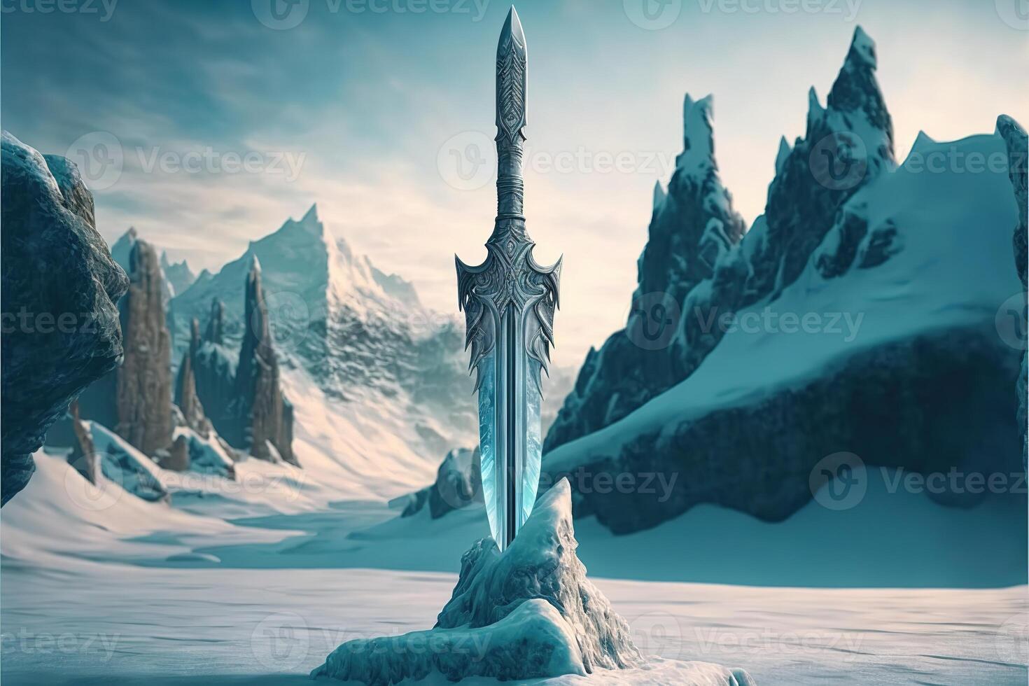 Powerful frozen sword stuck in stone at winter landscape by photo