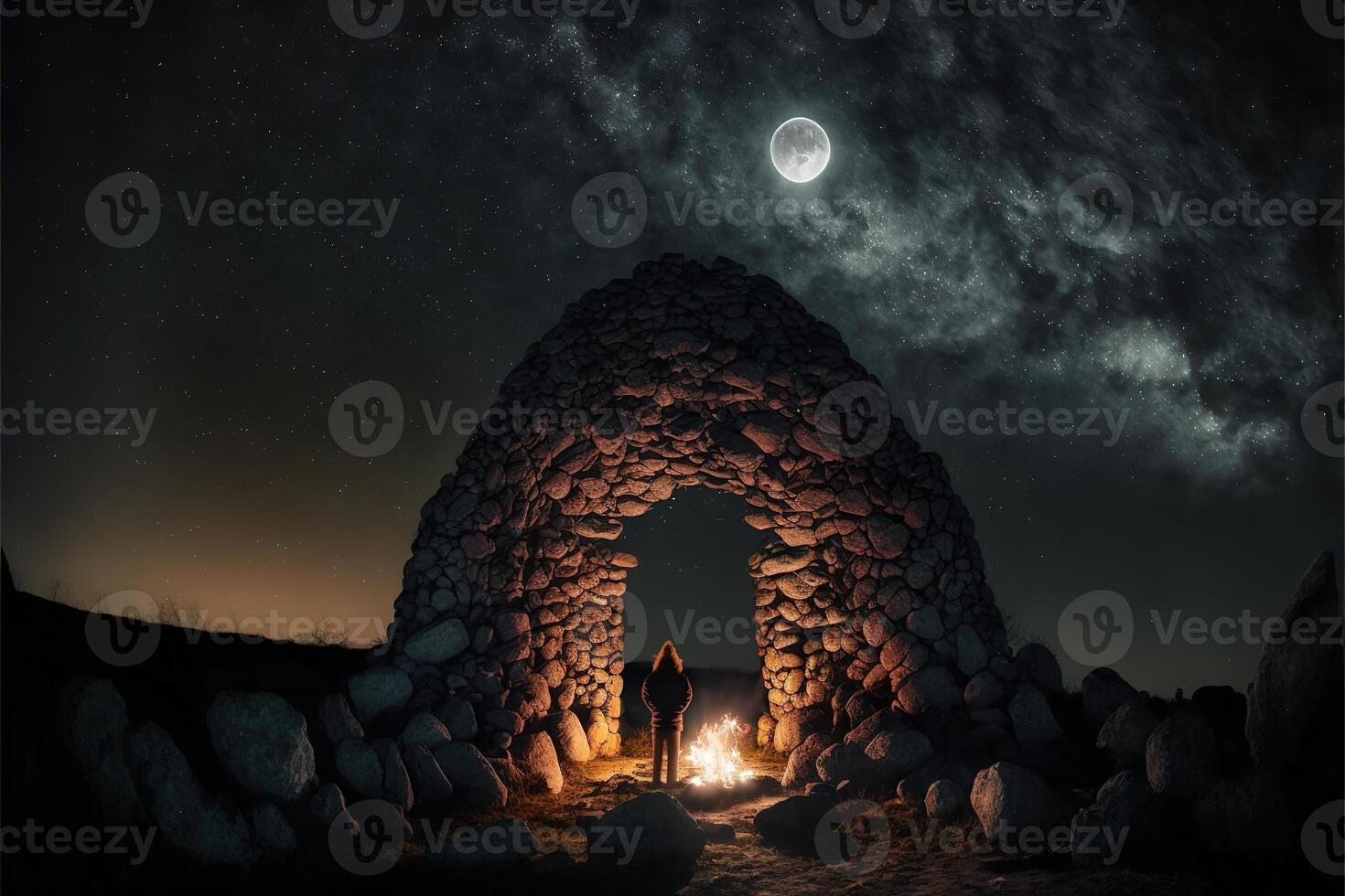 Sardinian nuraghe illuminated by the moon with a fire and a Phoenician shaman inside by photo