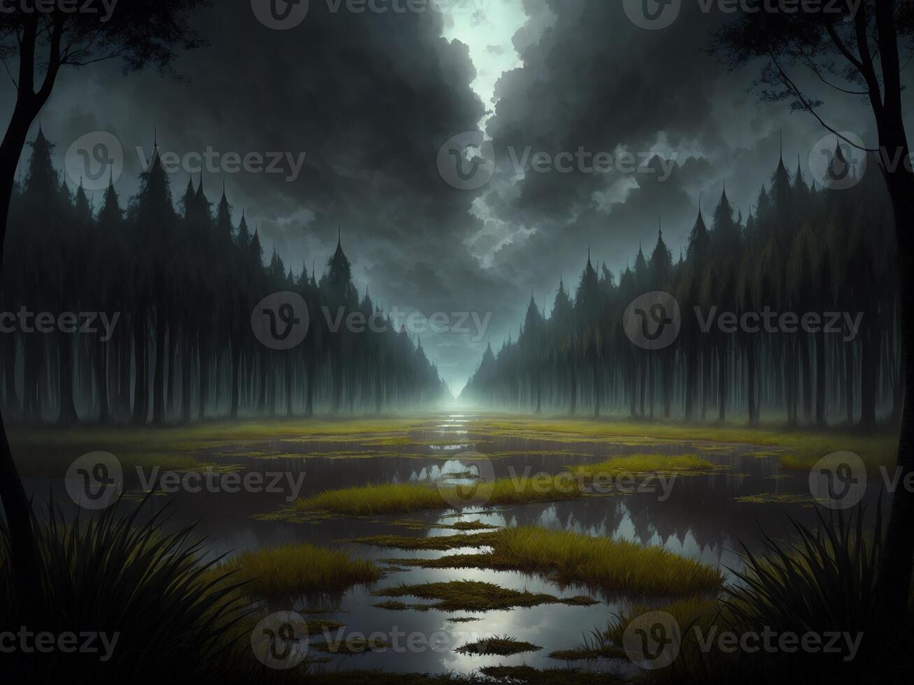 sky view horizon a path in a dark swamp by photo