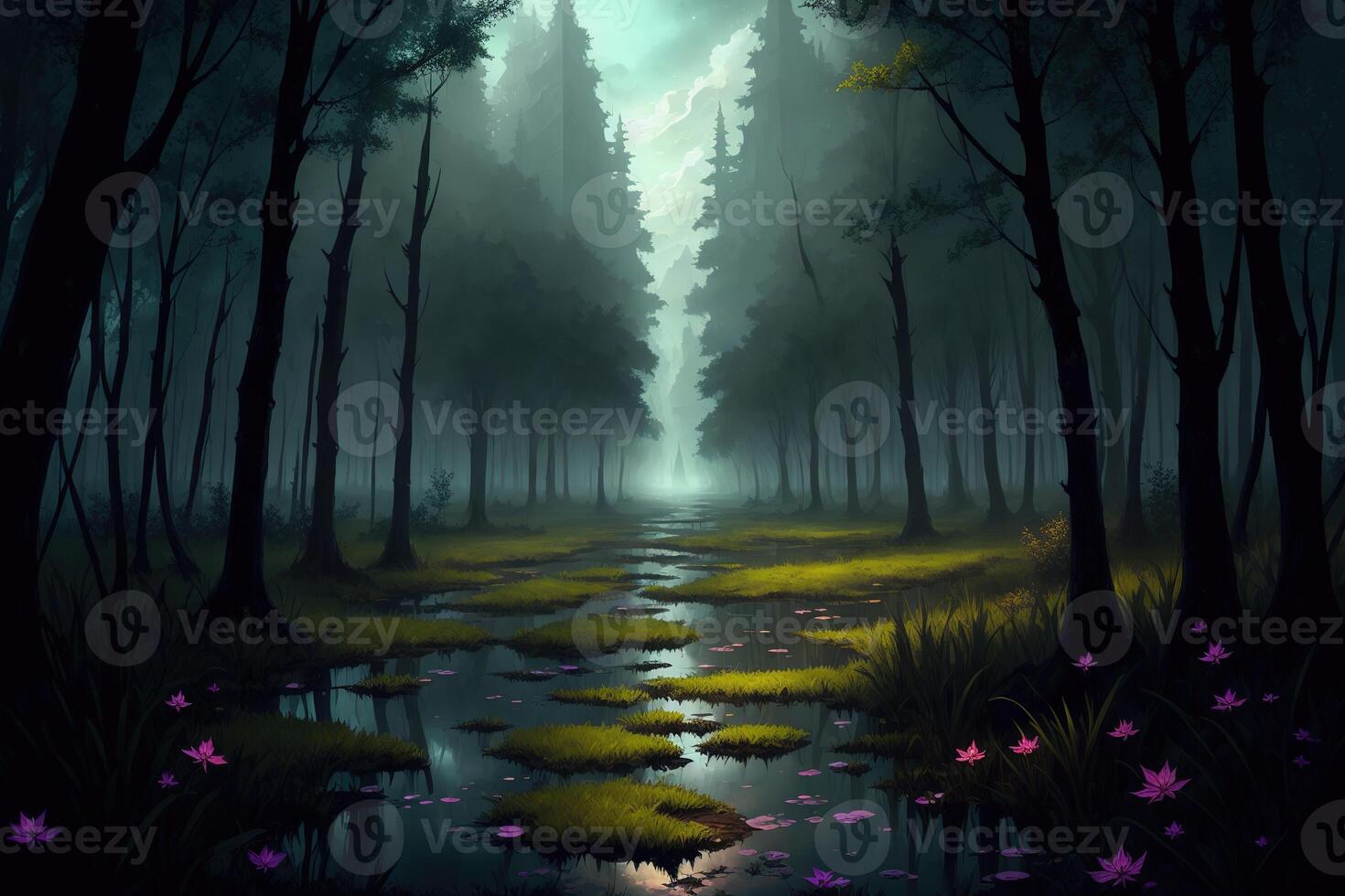 sky view horizon a path in a dark swamp by photo