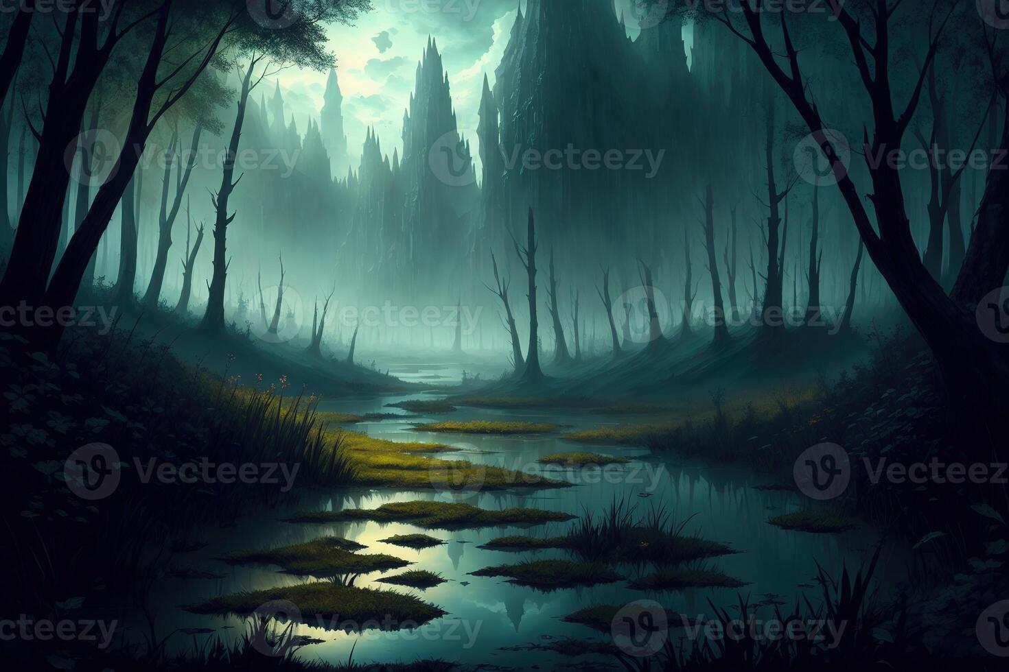 sky view horizon a path in a dark swamp by photo