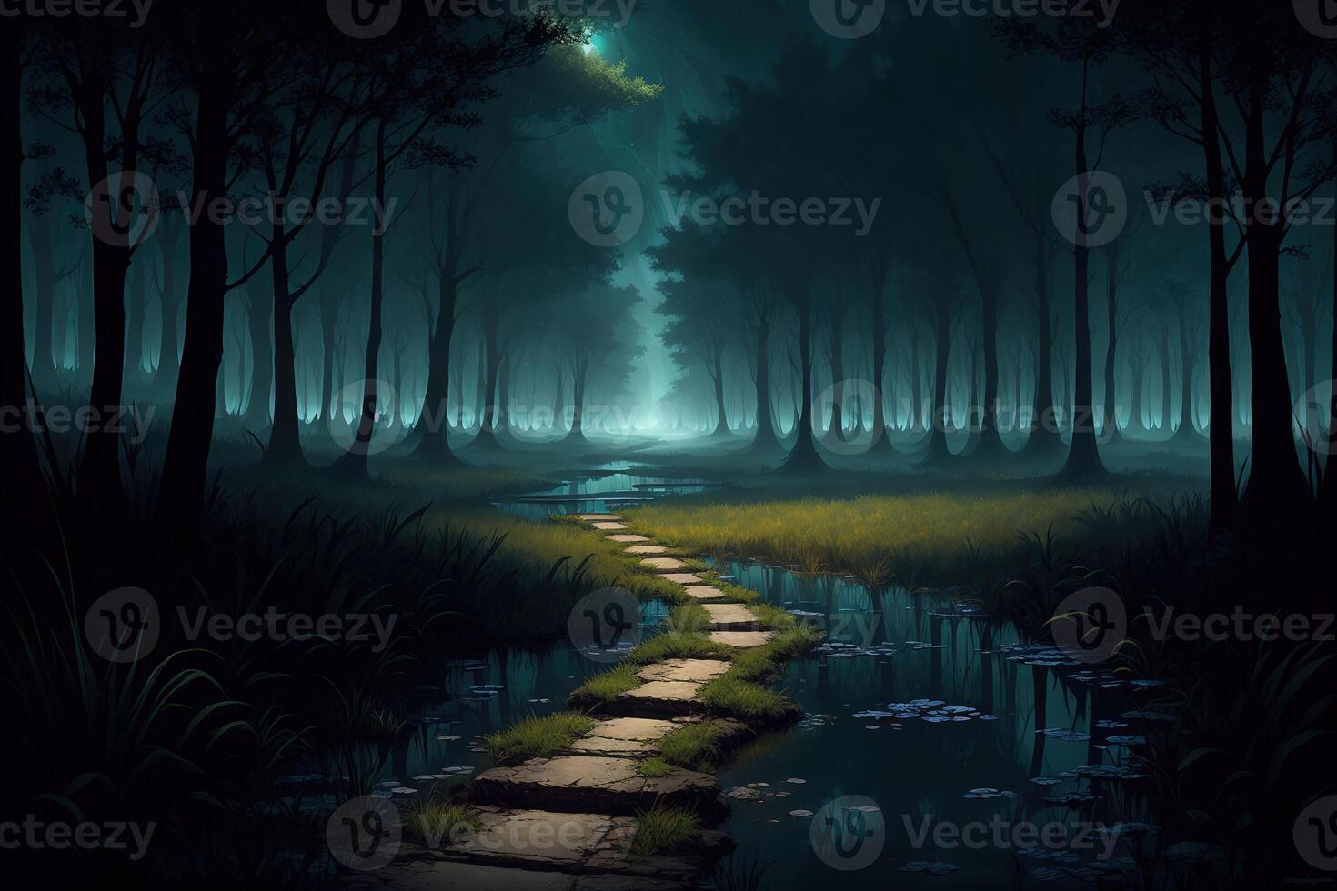 sky view horizon a path in a dark swamp by photo
