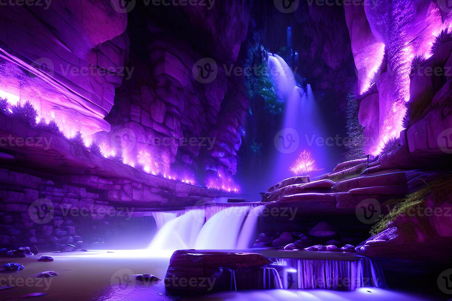 masivo spa en un mojado cueva cascada púrpura Encendiendo por ai generado foto