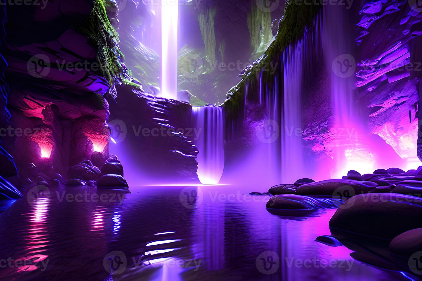 Massive spa in a wet cave waterfall purple lighting by photo