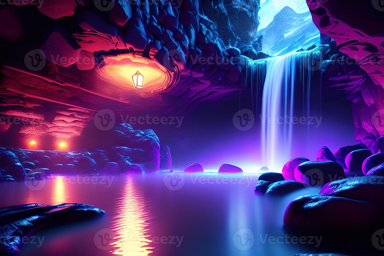 Massive spa in a wet cave waterfall purple lighting by photo