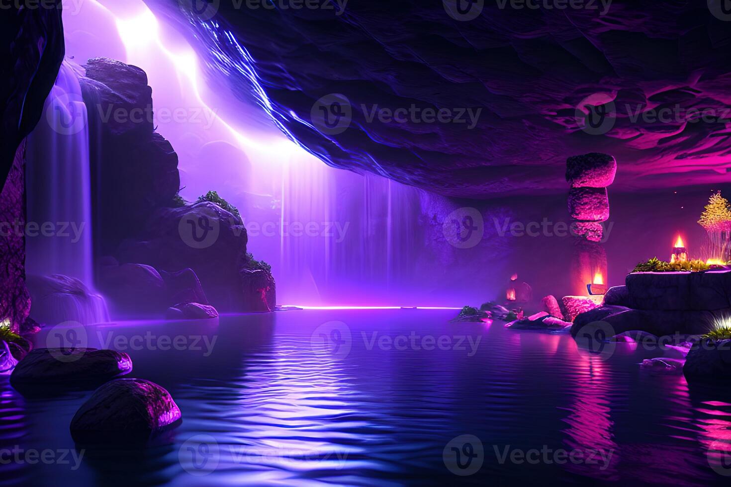 Massive spa in a wet cave waterfall purple lighting by photo