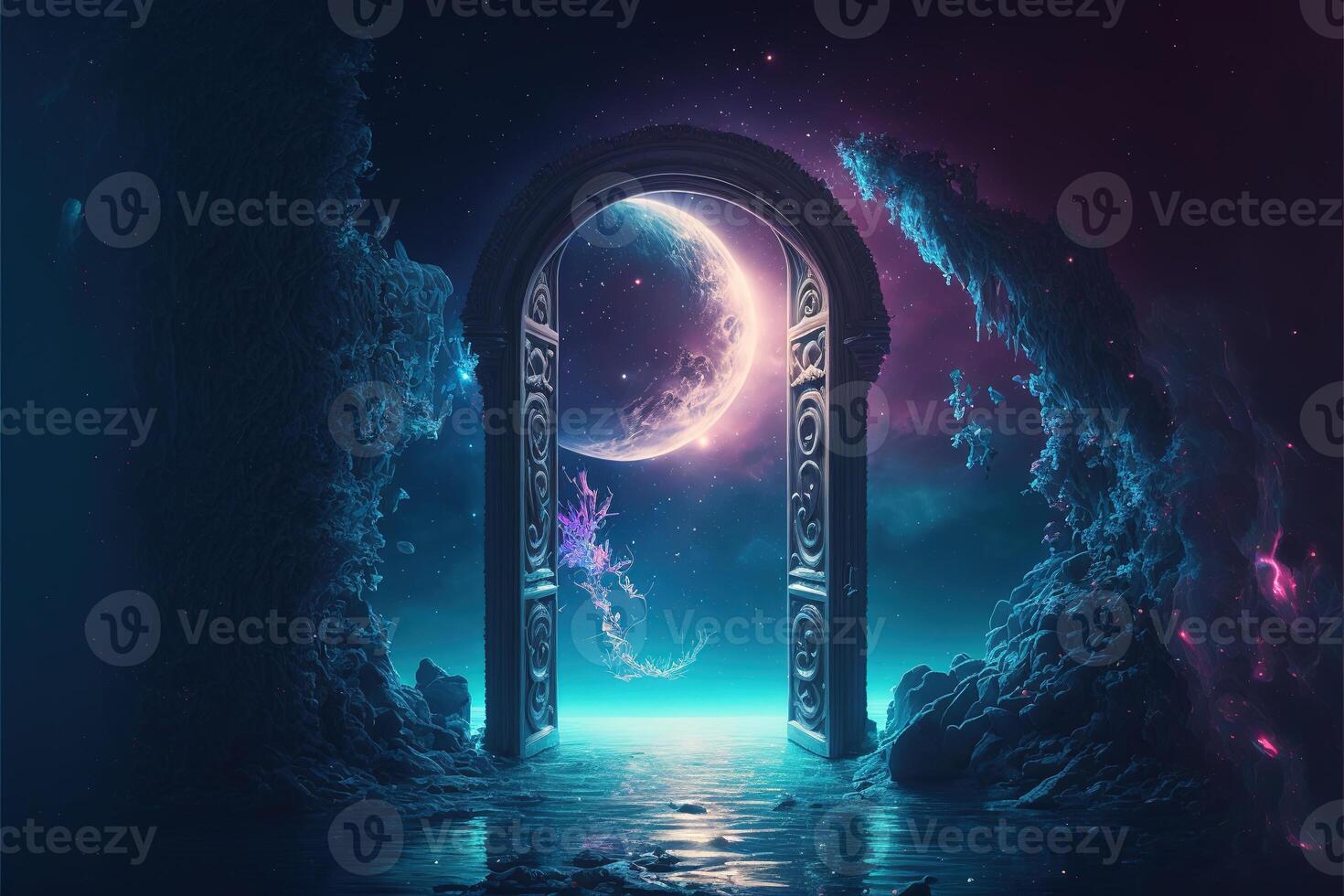 Fantasy nighttime scene future with abstract island moonlight by photo