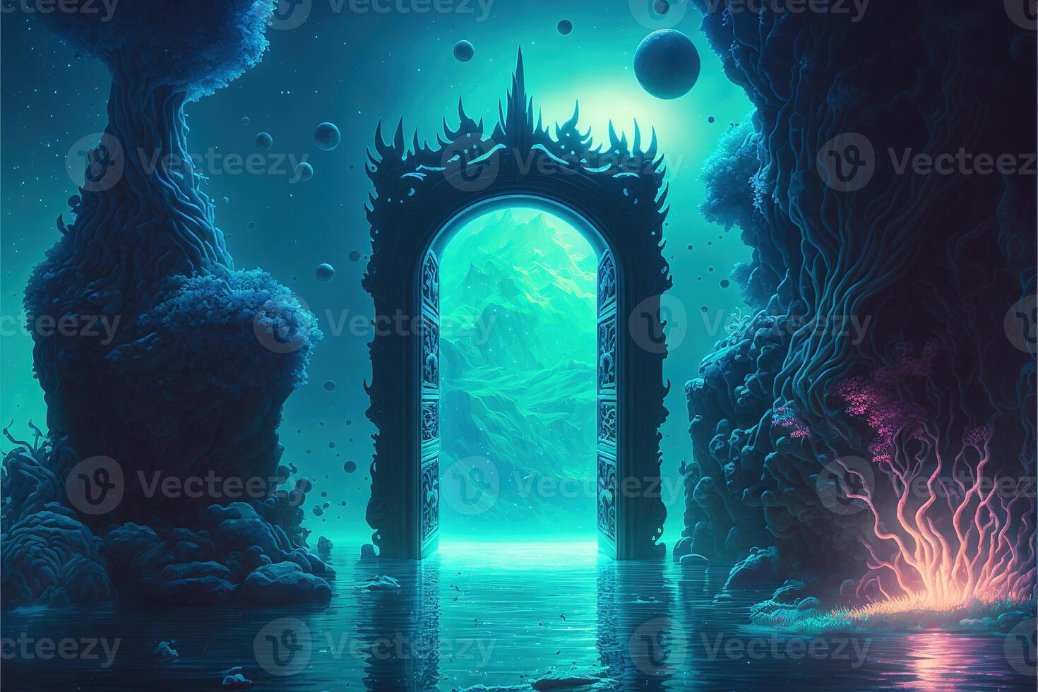 Fantasy nighttime scene future with abstract island moonlight by photo