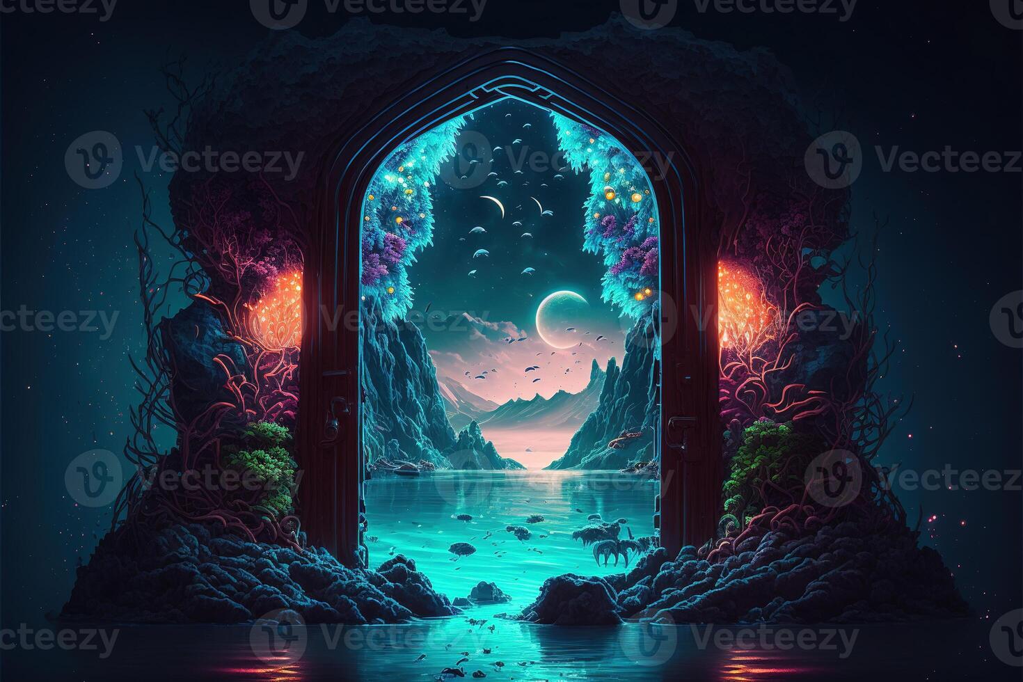 Fantasy nighttime scene future with abstract island moonlight by photo