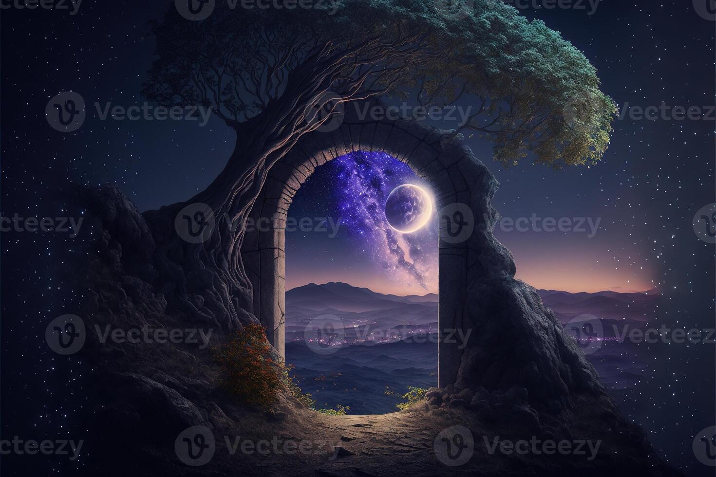 Fantasy nighttime scene future with abstract island moonlight by photo