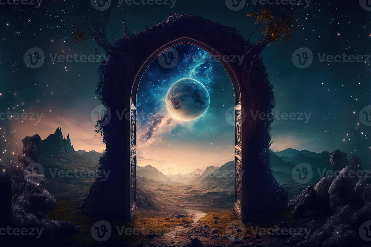 Fantasy nighttime scene future with abstract island moonlight by photo