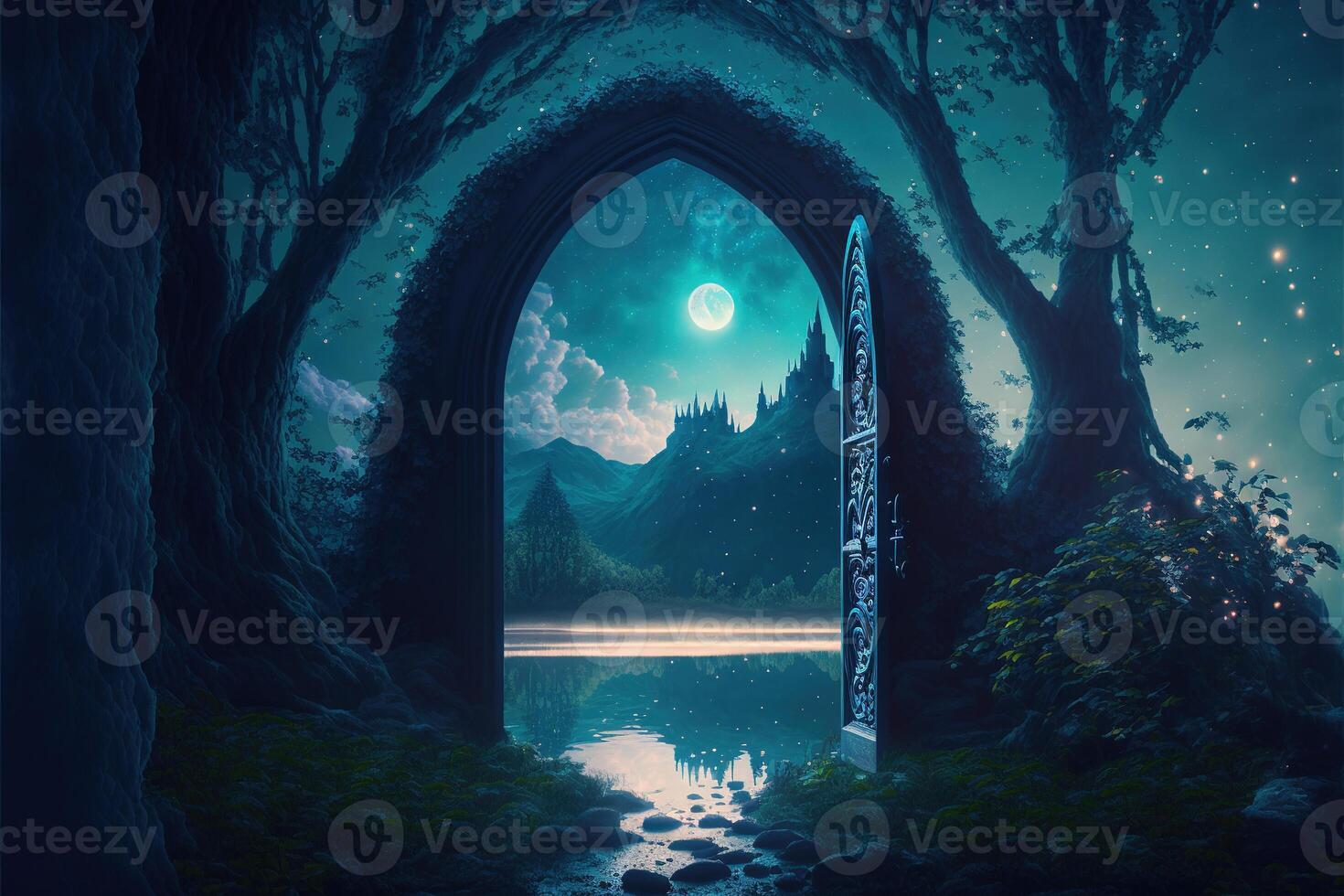 Fantasy nighttime scene future with abstract island moonlight by photo