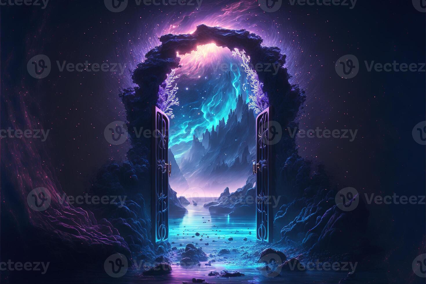 Fantasy nighttime scene future with abstract island moonlight by photo