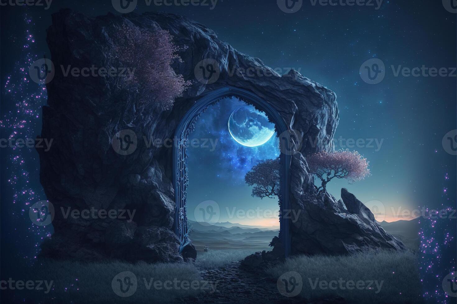 fantasía Noche escena futuro con resumen isla luz de la luna por ai generado foto