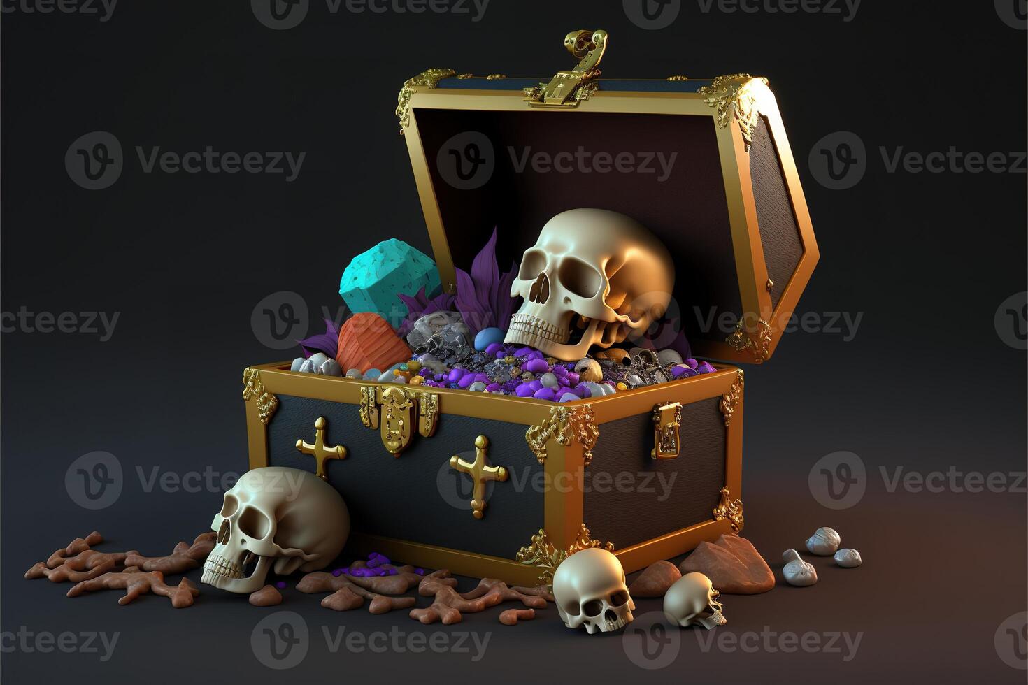 Chest with treasure and skulls on dark background by photo