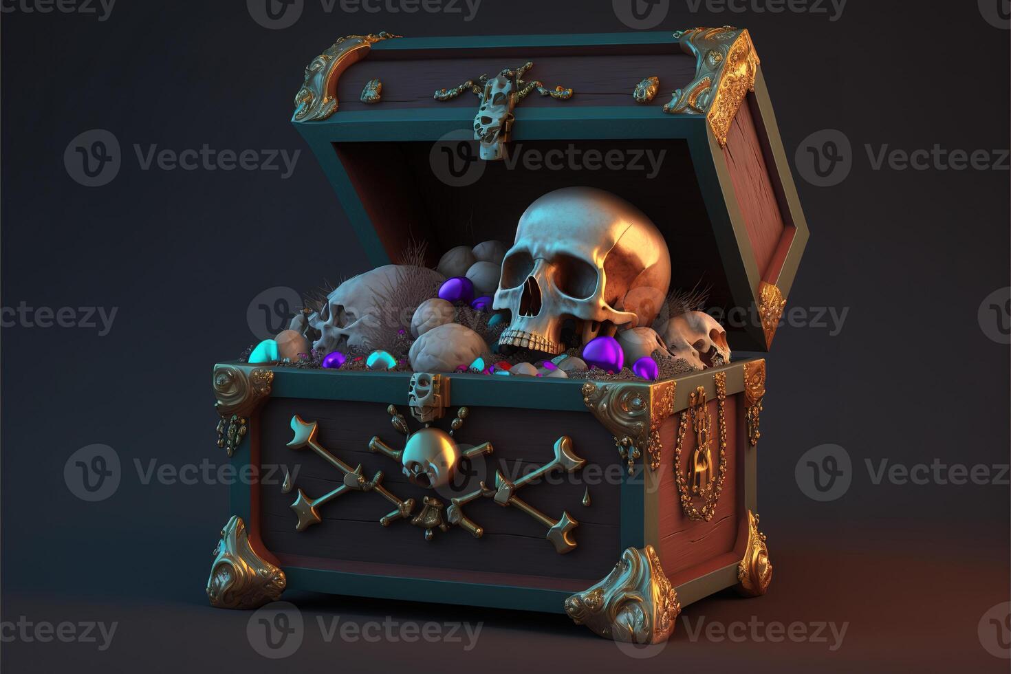 Chest with treasure and skulls on dark background by photo