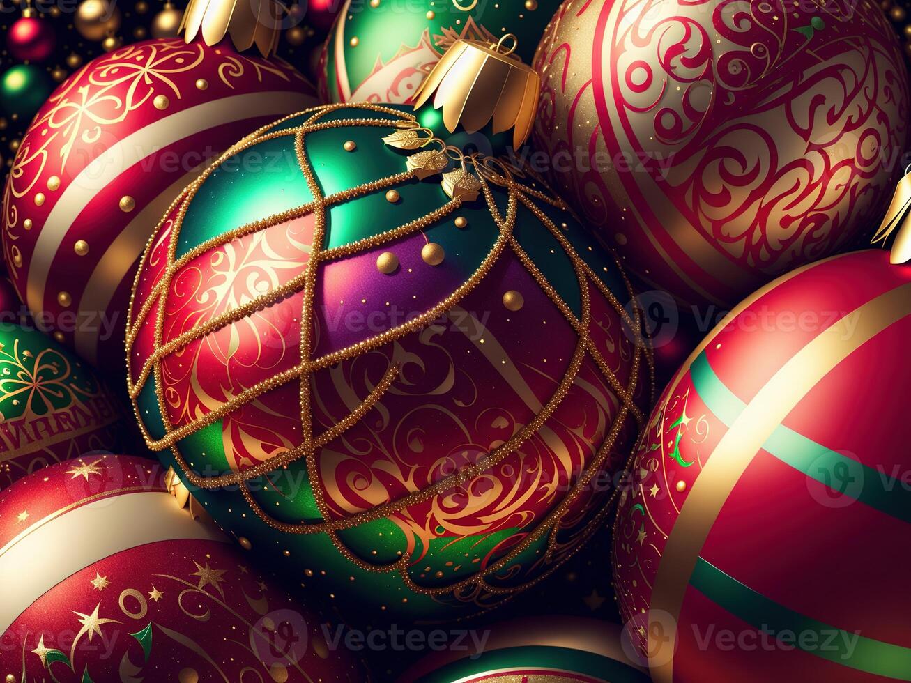 christmas balls with complex ornaments closeup by photo