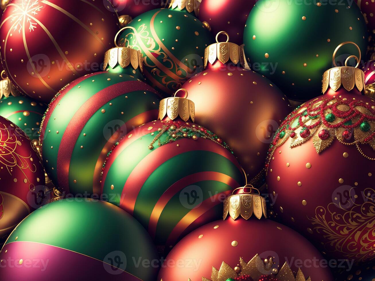 christmas balls with complex ornaments closeup by photo