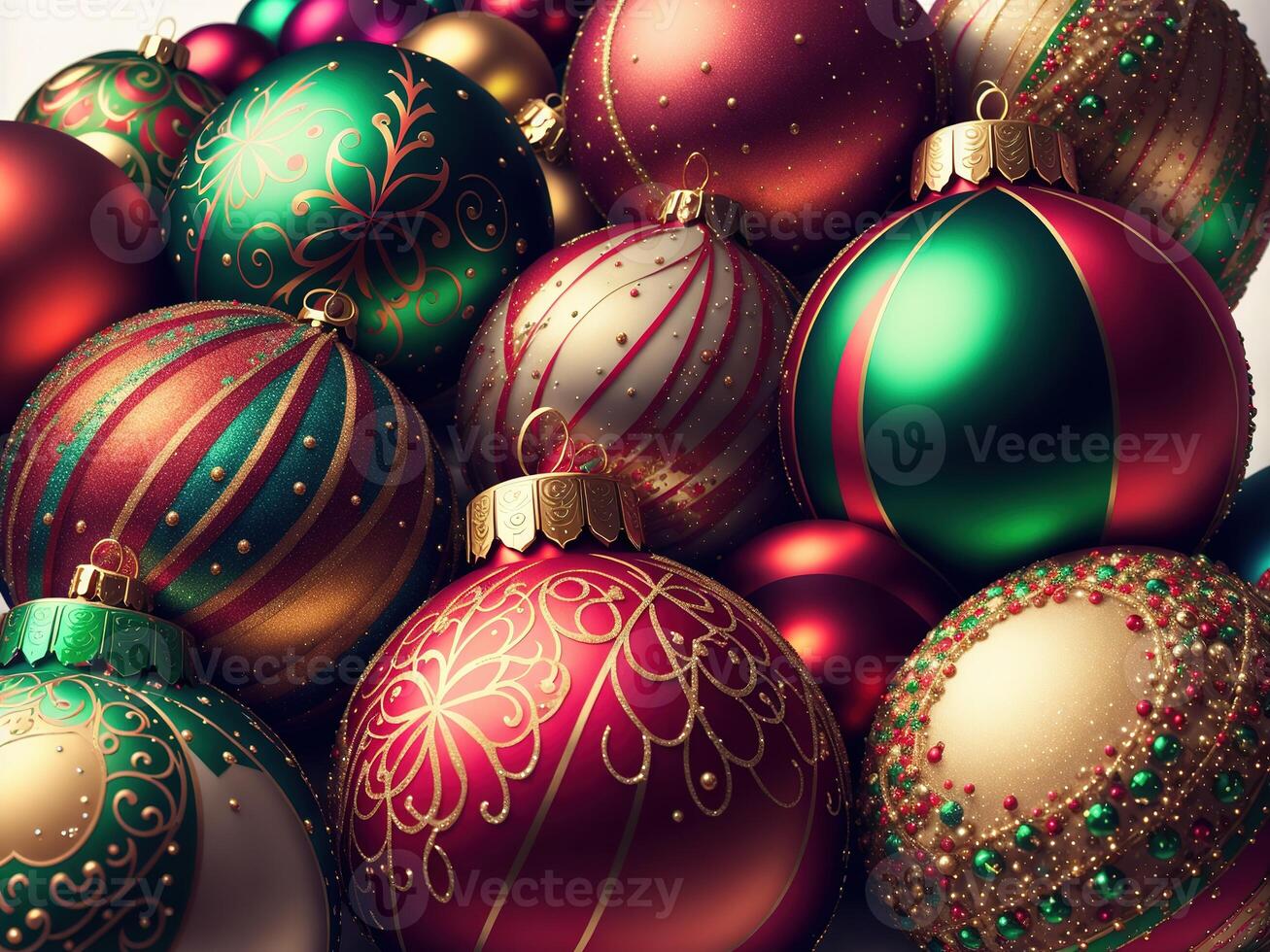 christmas balls with complex ornaments closeup by photo