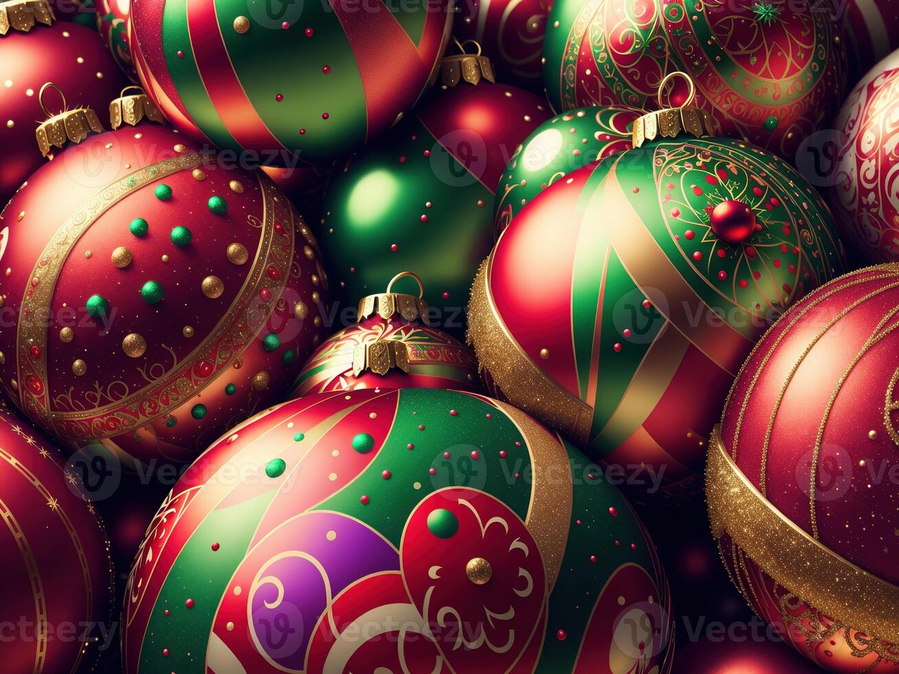 christmas balls with complex ornaments closeup by photo