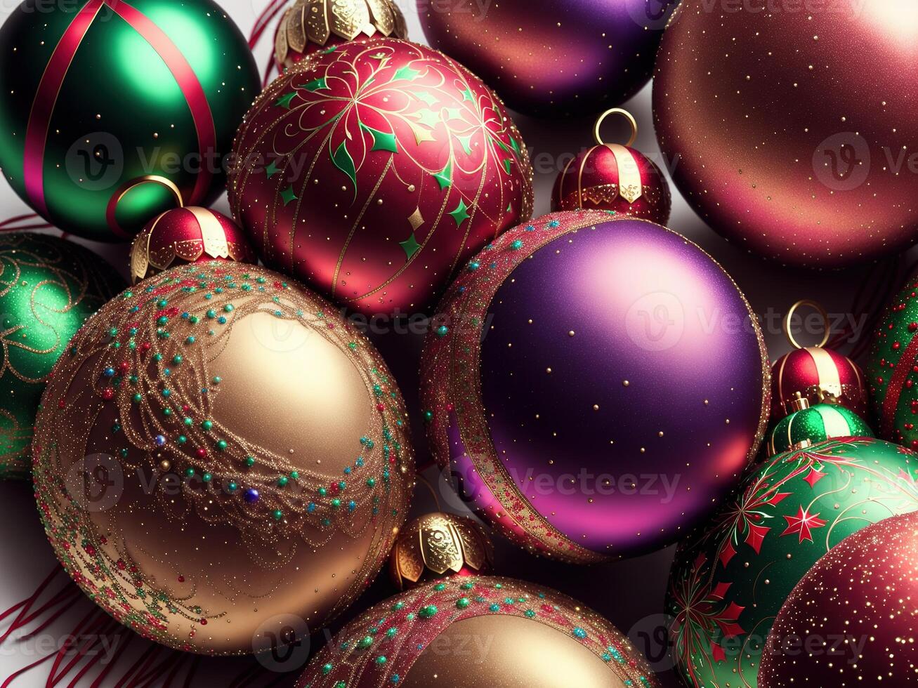 christmas balls with complex ornaments closeup by photo