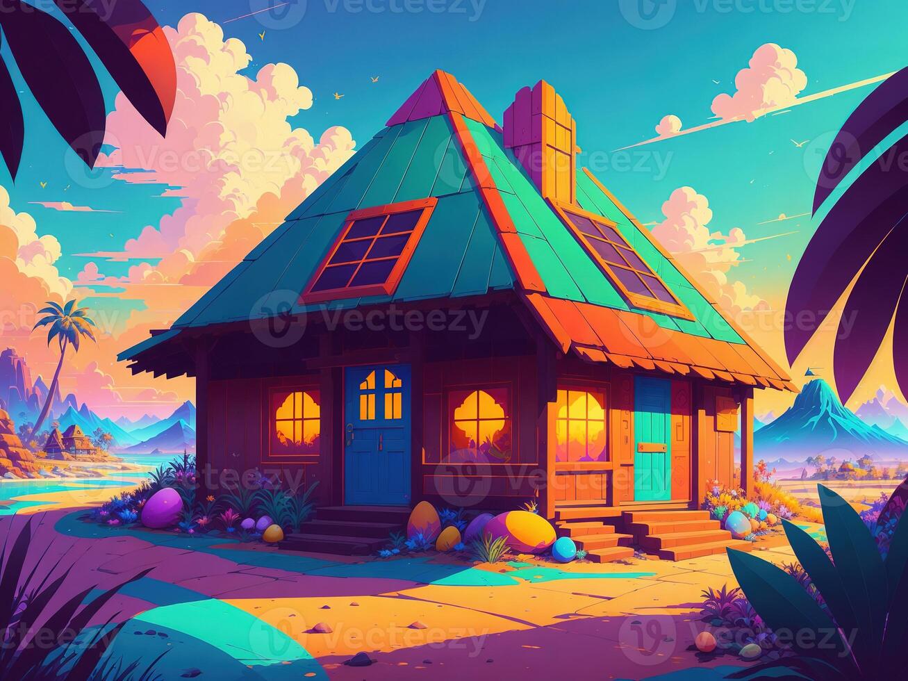 colorful house with Colorful easter eggs background by photo