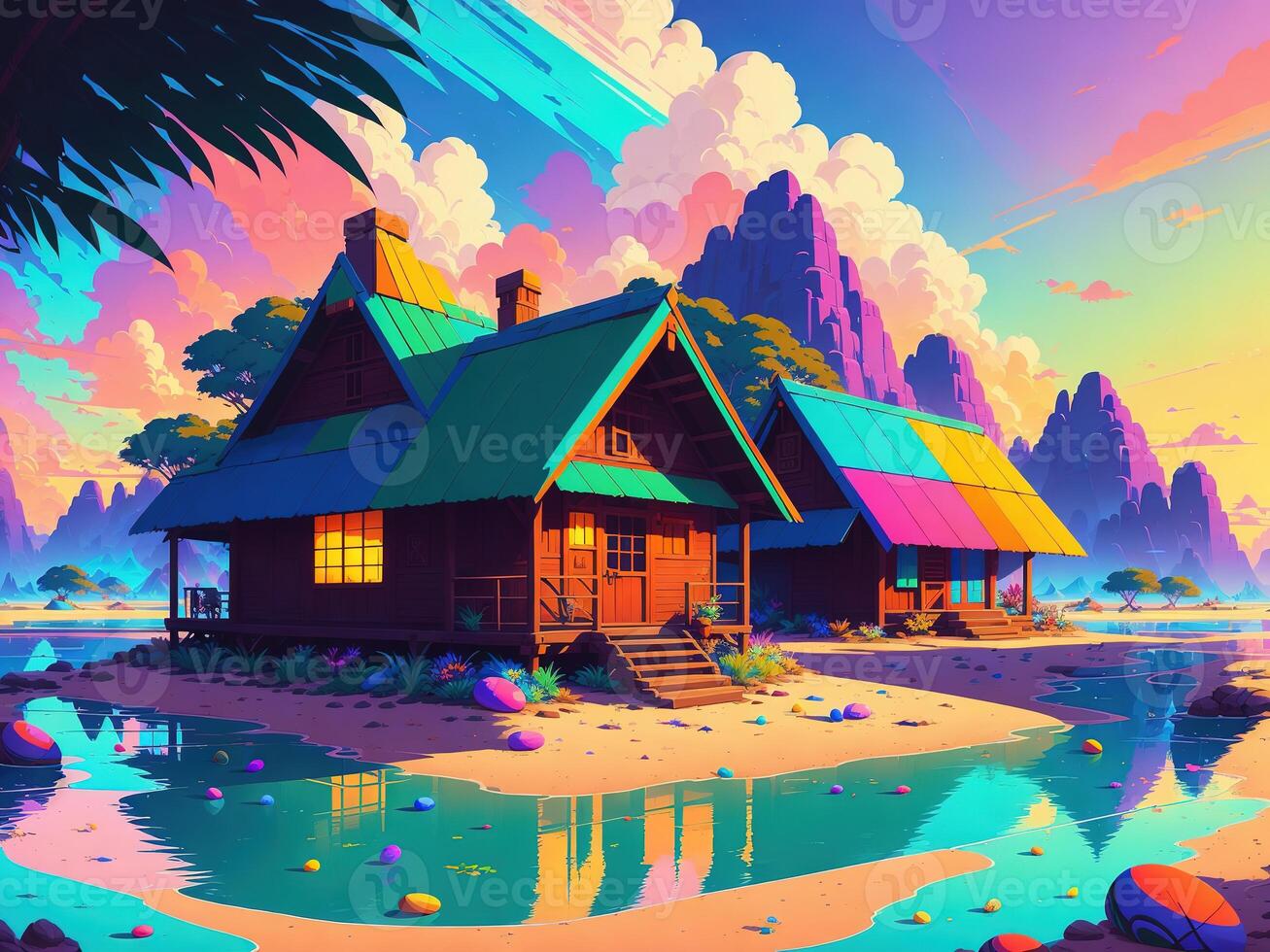 colorful house with Colorful easter eggs background by photo