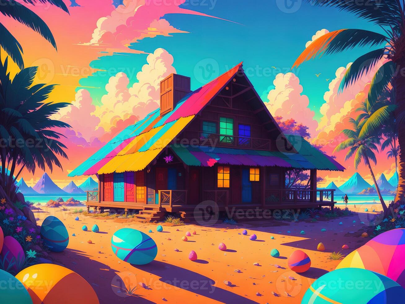 colorful house with Colorful easter eggs background by photo