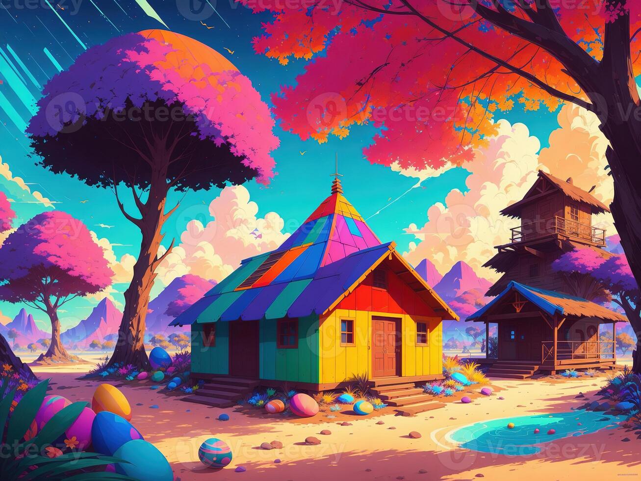 colorful house with Colorful easter eggs background by photo