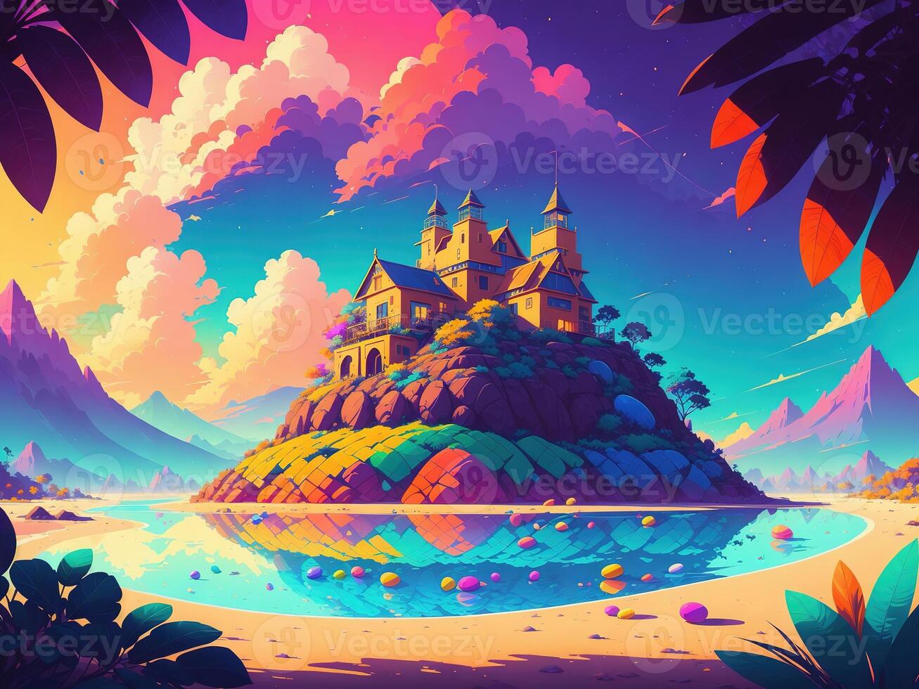 colorful house with Colorful easter eggs background by photo